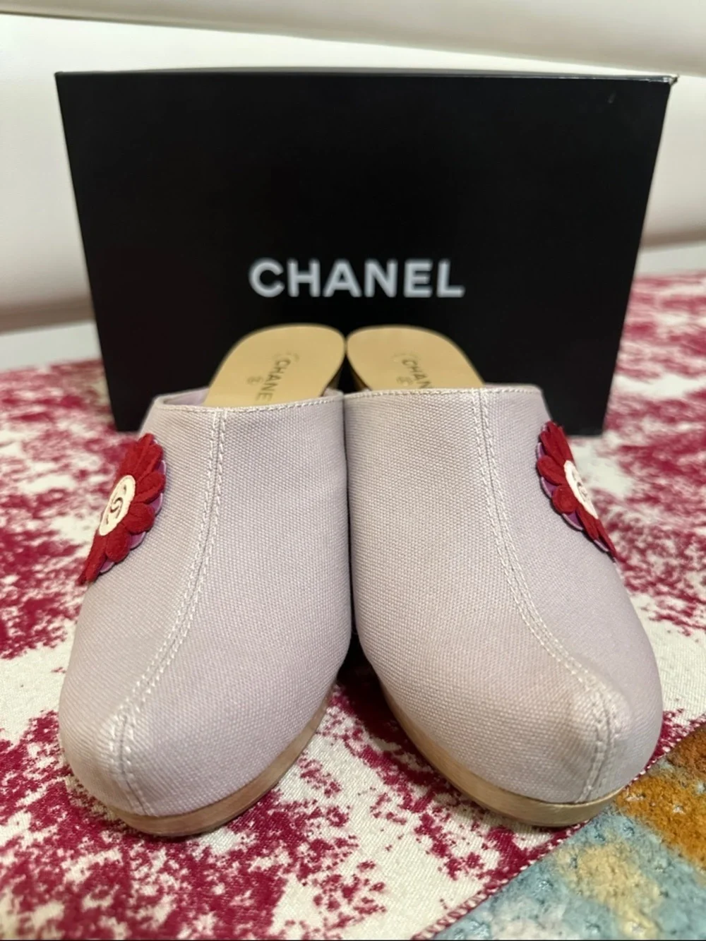 CHANEL Light Purple Canvas Mules with Red Flower Accent